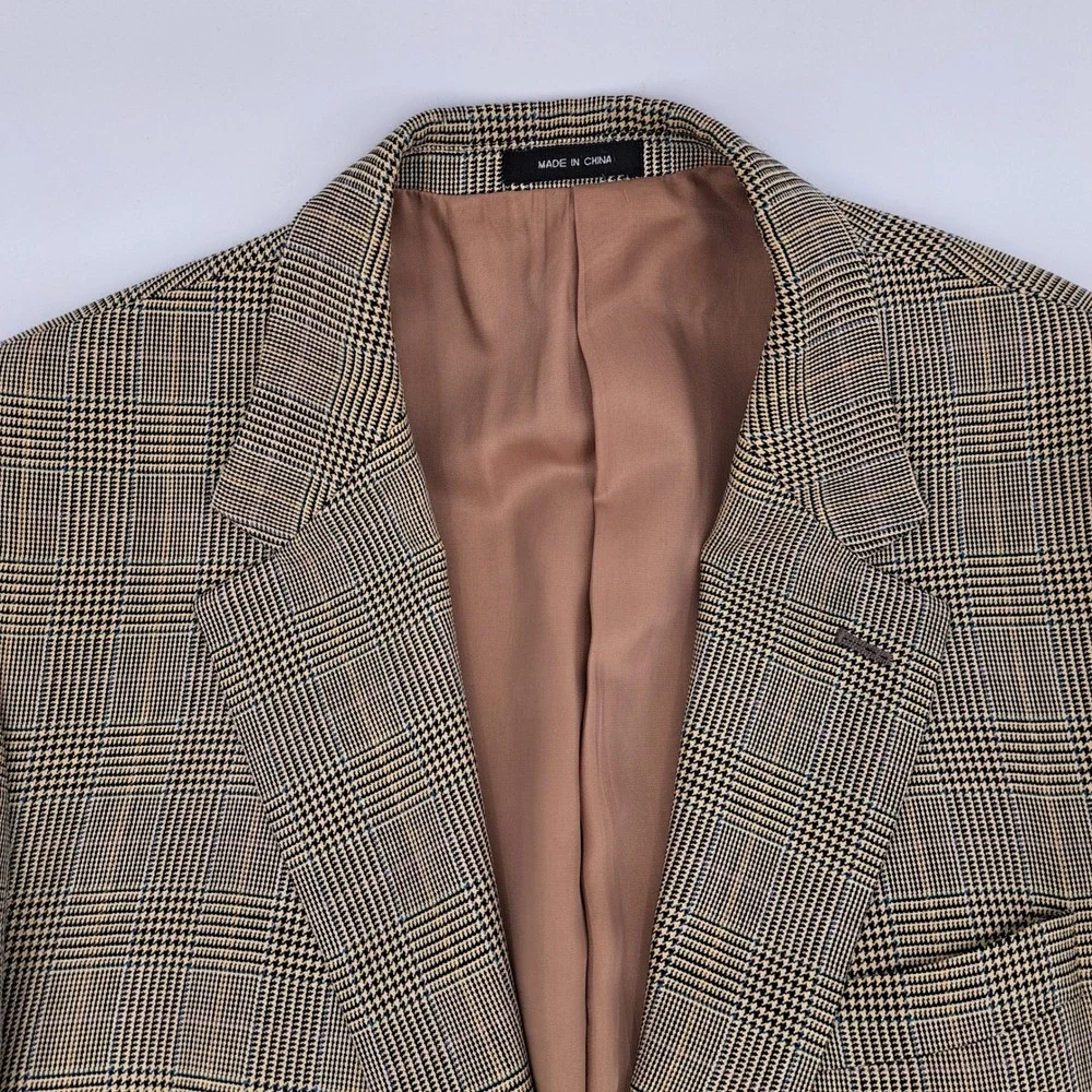 Lauren Ralph Lauren Mens 44R Silk Wool Blend Glen Plaid Blazer Sport Coat Beige